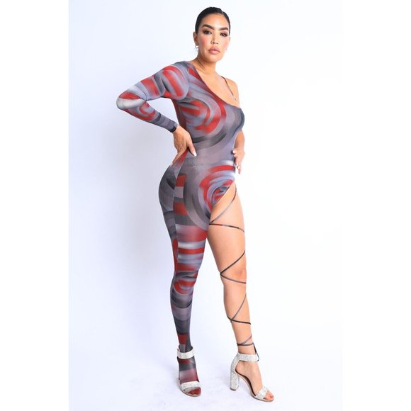 Women Paint Printed One Sleeve One Leg Tie Detailed Jumpsuit Sexy Jumpsuit - Picture 9 of 15